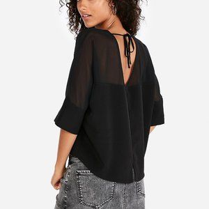 Striking Sheer Yoke Blouse - Mesh & Solid Combo - XXS Petite